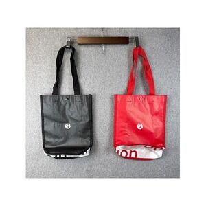 2x Lululemon Reusable Shopping Bag Tote Black & Red Logo Everyday Carry Carryall